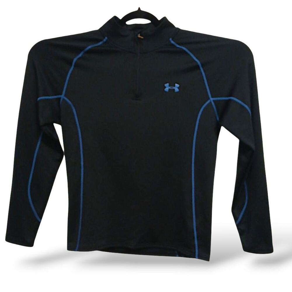 Under Armour Cold Gear Fitted‎ Shirt Men's L Black Aqua Quarter Zip Long Sleeve